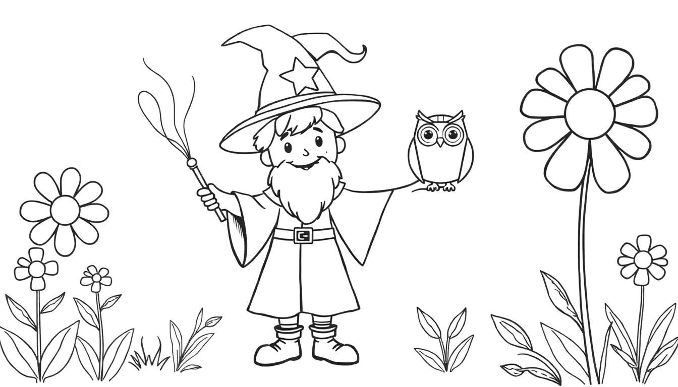 A cartoon wizard in a star hat holds a wand, with an owl on his arm, in a field of flowers. A lovely color panel for kids to color!