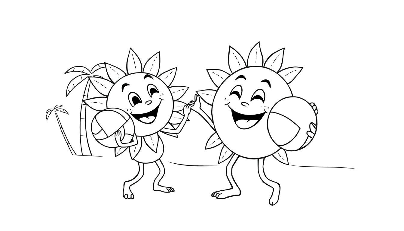 A happy sun giving a high-five with a ball, in a color panel illustration.