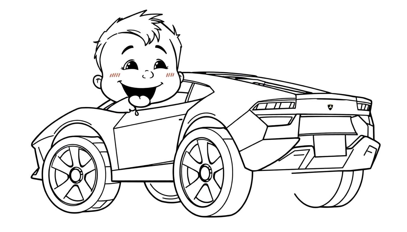 A baby coloring a black and white car, part of a color panel.