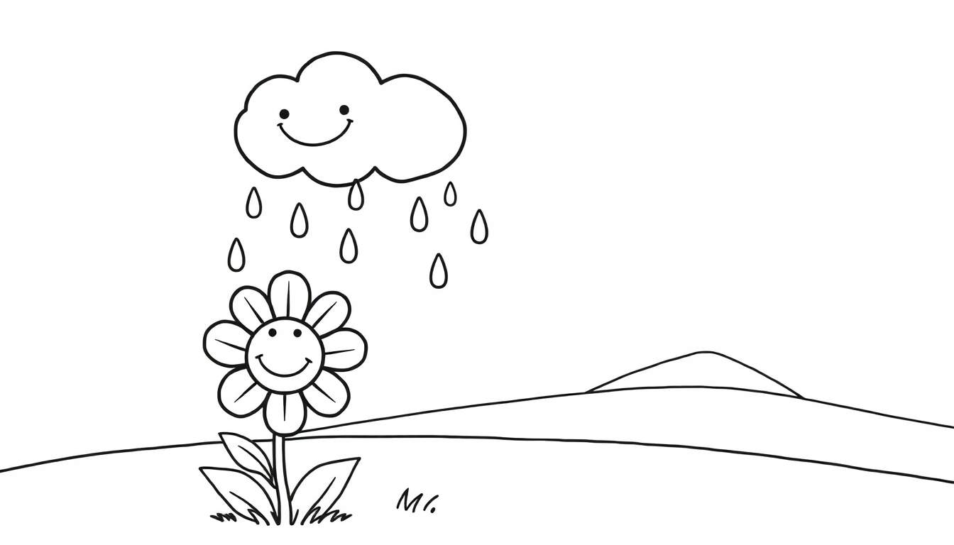 A smiling cloud raining colorful drops onto a happy flower, a fun color panel for kids.