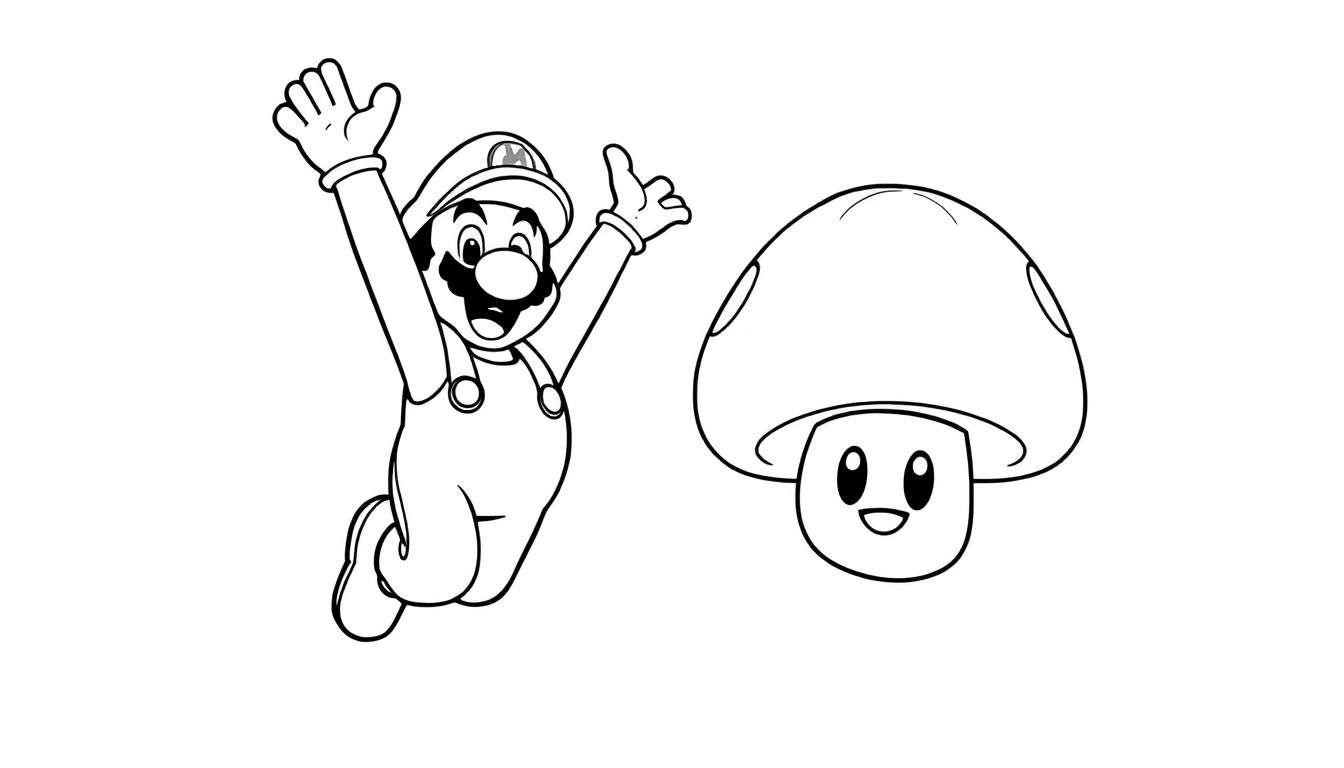 A black and white color panel of Mario jumping with a smiling mushroom.