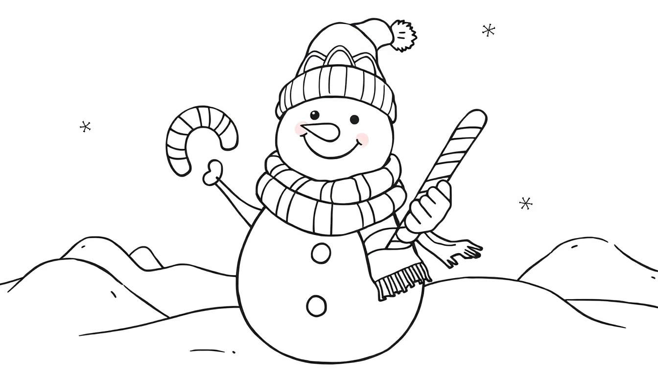A black and white drawing of a happy snowman holding candy canes, ready for coloring in a snowy scene. This is a color panel.