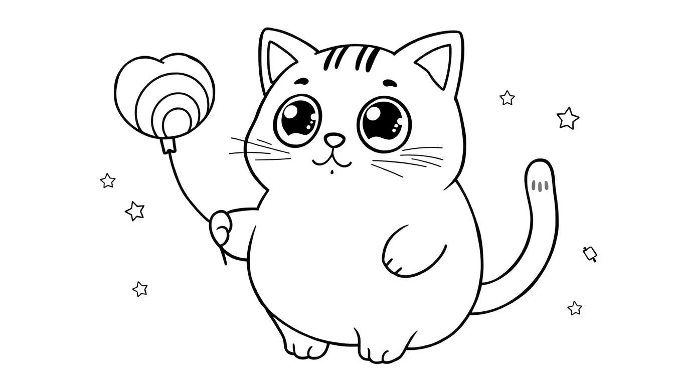 A cute cartoon cat holding a heart balloon, with stars around it. A great color panel for kids!