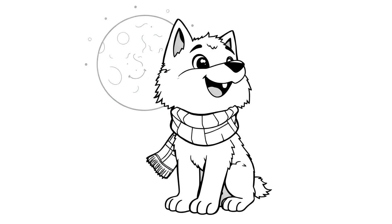 A friendly fluffy wolf cub in a color panel, howling at a smiling moon.
