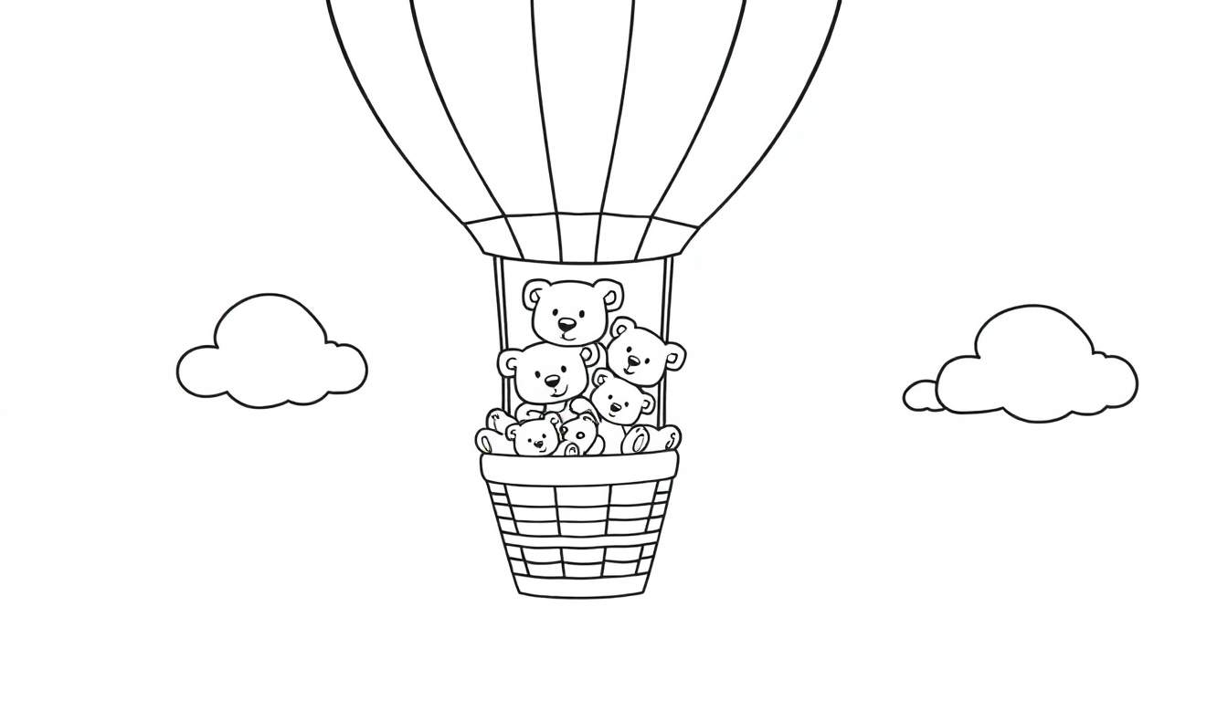 A black and white drawing of a hot air balloon with teddy bears, a fun color panel for kids to imagine.