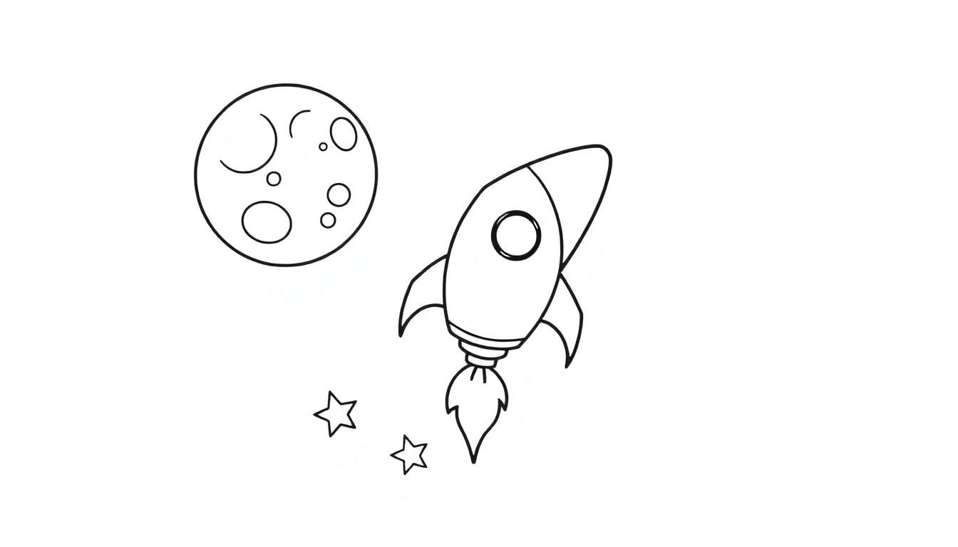 A cute, smiling rocket in a color panel, blasting off to the moon with sparkly stars in a color panel.