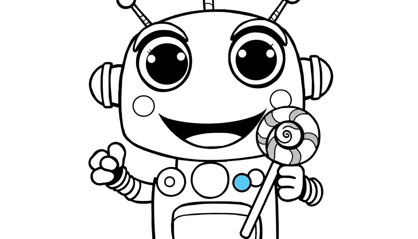 A happy robot with a blue button, holding a lollipop and giving a thumbs-up, perfect for a color panel.