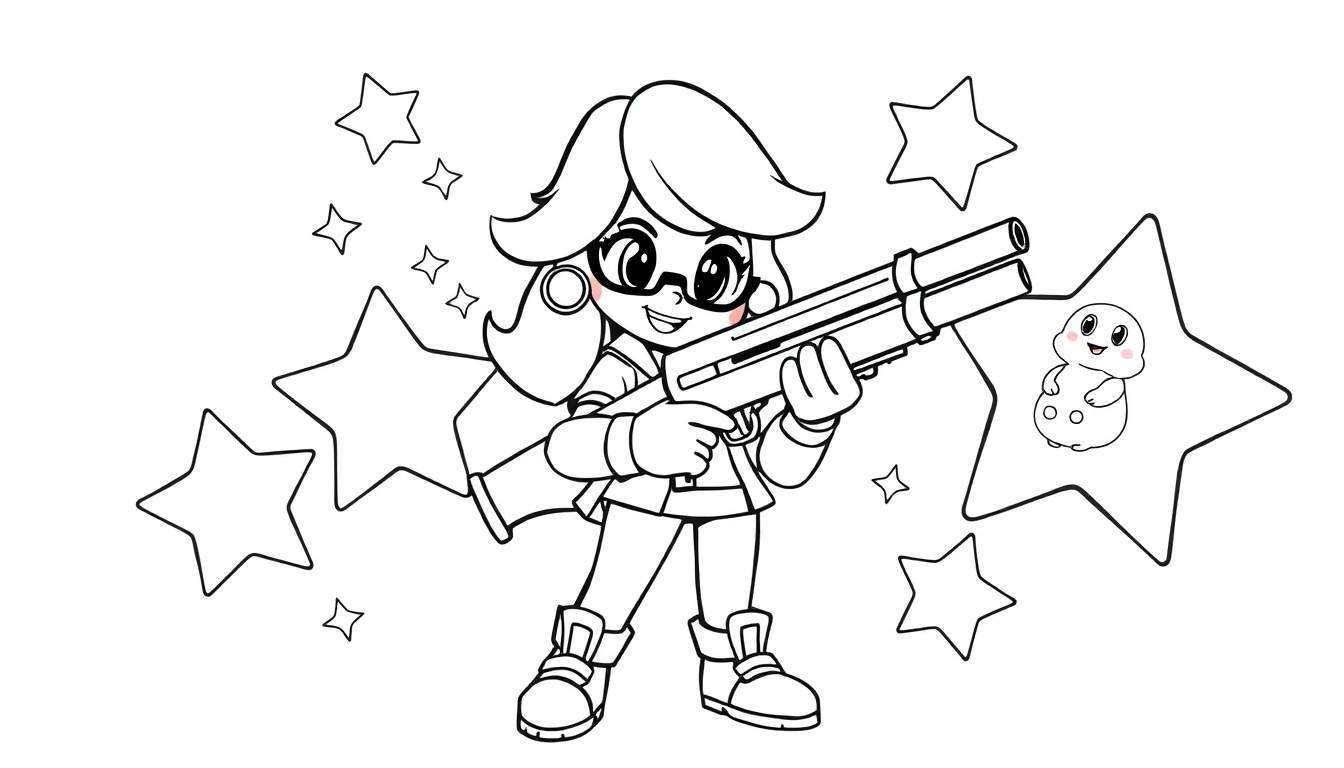 A black and white cartoon illustration of Shelly holding a shotgun, surrounded by stars in a color panel.