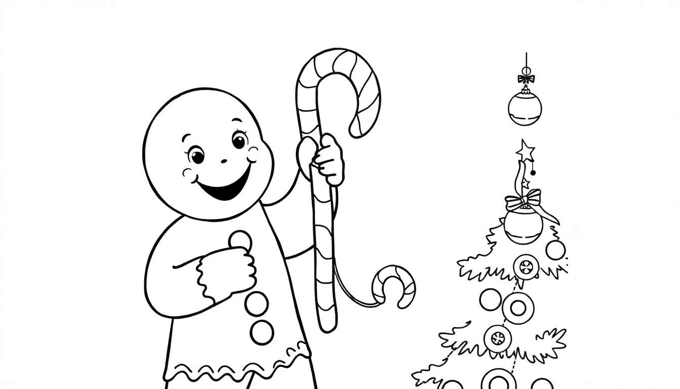 A cheerful gingerbread person with a giant candy cane stands next to a decorated Christmas tree in a black and white color panel.