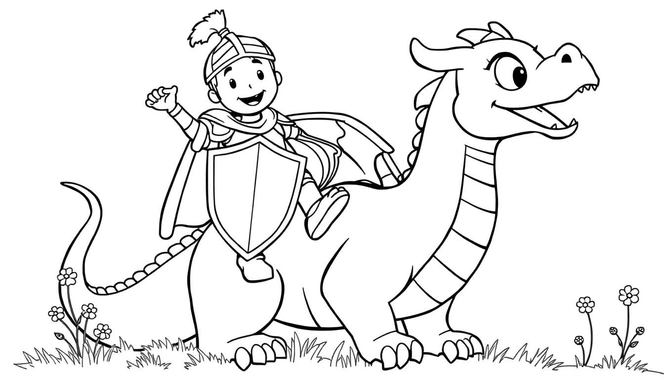 A happy knight in armor waves from the back of a smiling dragon, on a color panel.