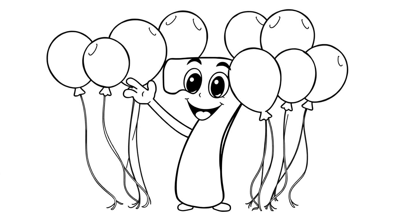A friendly black and white cartoon number 7 character waving hello, surrounded by balloons. Part of a color panel.