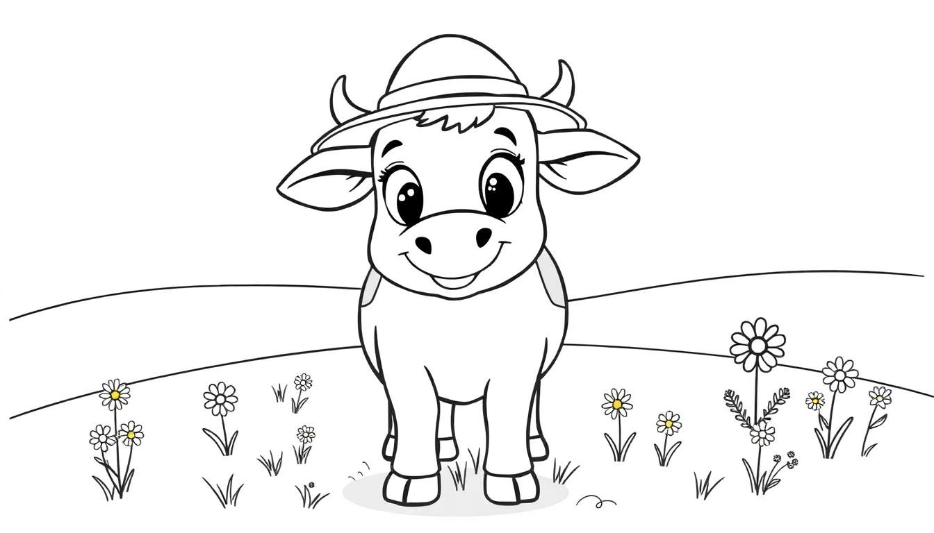 A black and white drawing of a happy cow wearing a hat, a color panel.