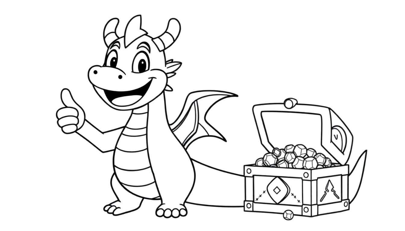 A friendly cartoon dragon giving a thumbs-up, standing next to a treasure chest overflowing with gems in this color panel.