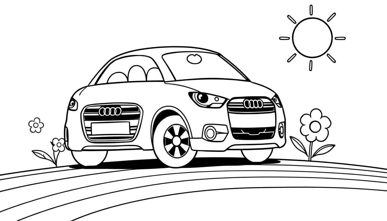 A black and white color panel of an Audi car on rolling hills with a sun and flowers.