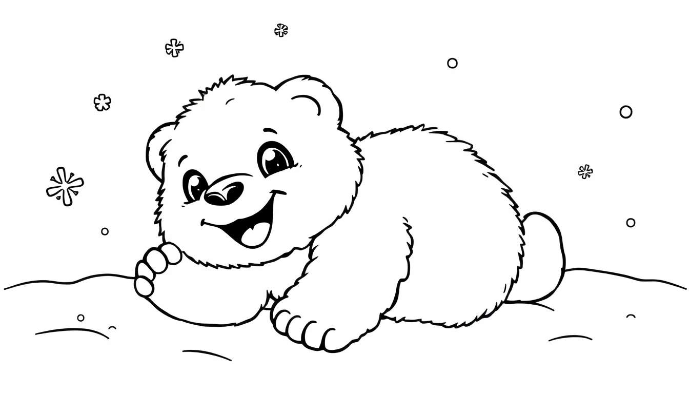 A cute black and white cartoon of a fluffy polar bear cub with a big smile, playing in the snow. This color panel shows a happy bear in a snowy scene.