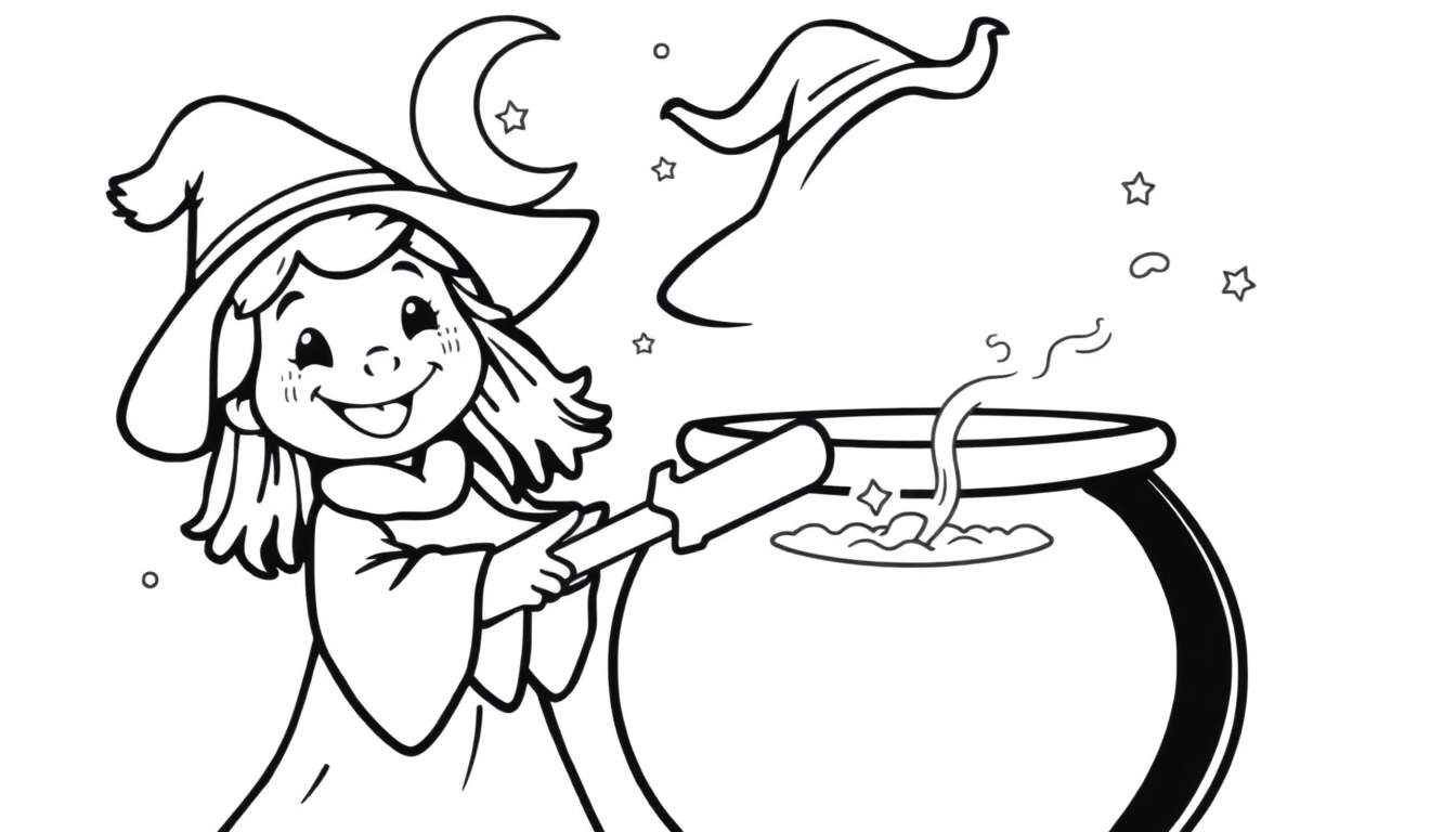 A cute witch smiling with a color panel, stirring a bubbling cauldron under a crescent moon and stars. A hat floats nearby.