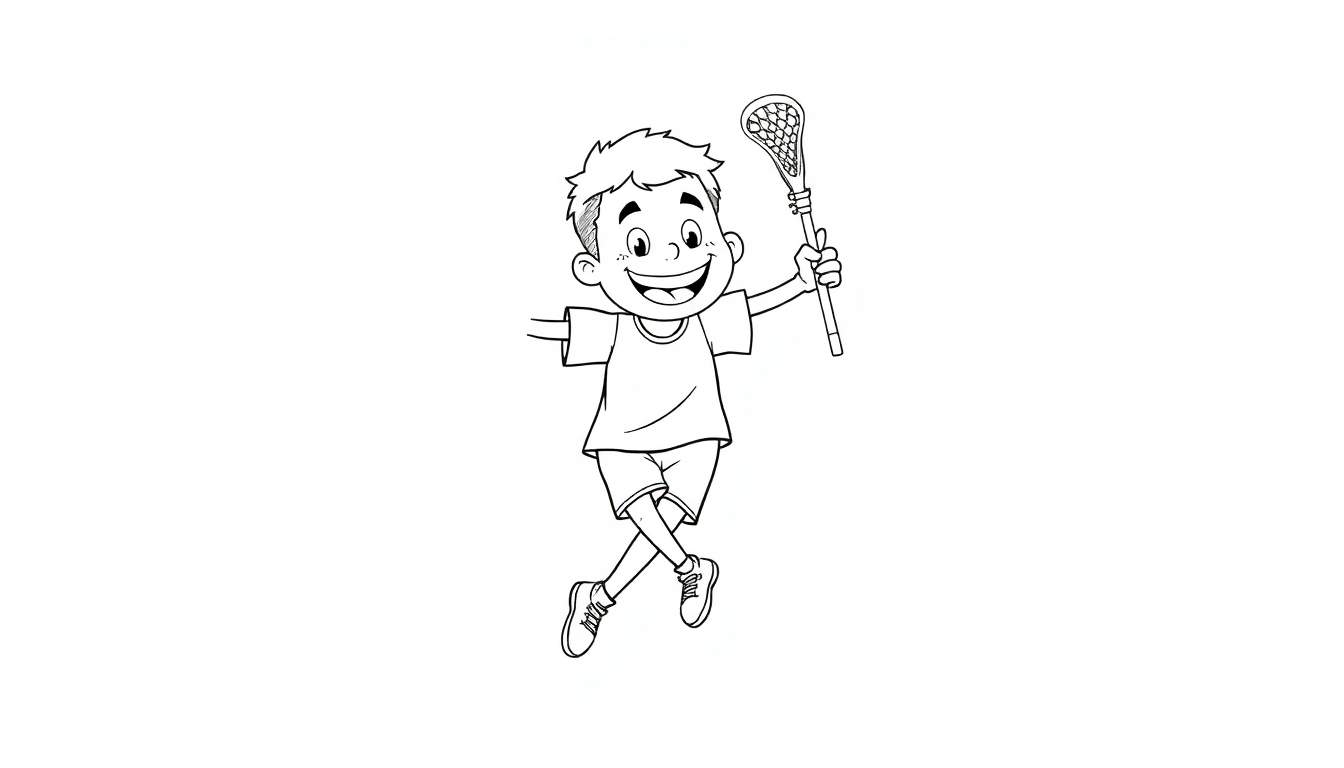 A black and white cartoon drawing of a happy boy jumping with a lacrosse stick, ready for a color panel activity.