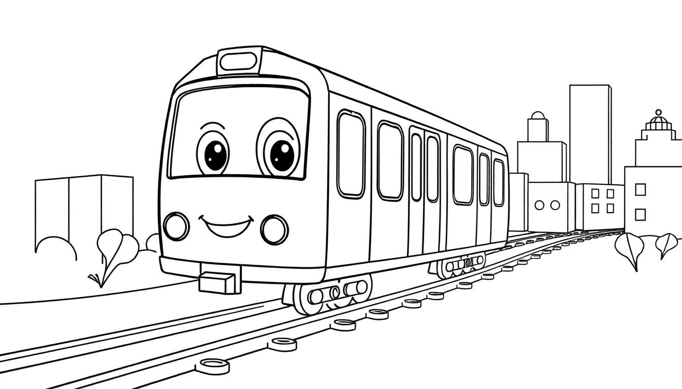 A black and white cartoon of a happy train with big eyes on a track, ready for a color panel.