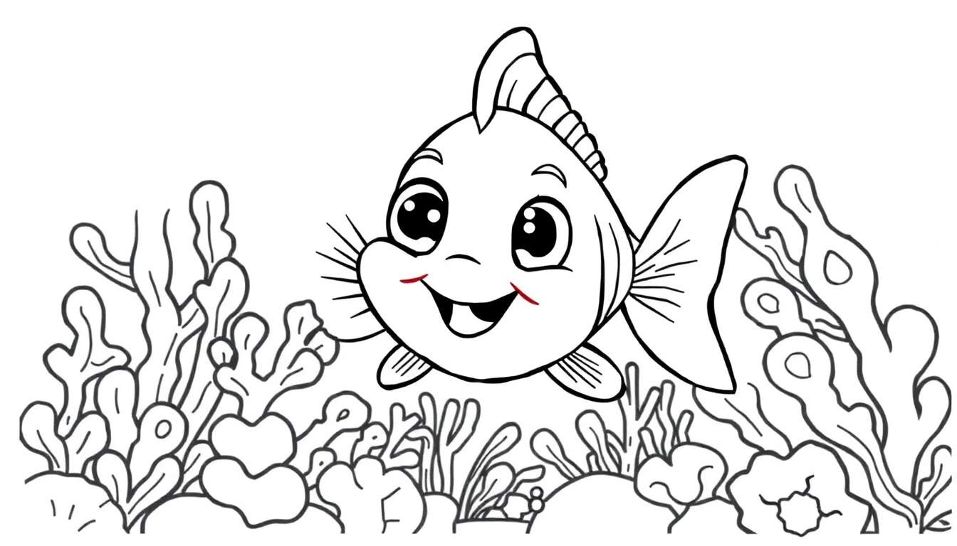 A happy cartoon goldfish with big eyes and a smile, swimming in a black and white outline, ready for coloring. This is a color panel of an underwater scene.