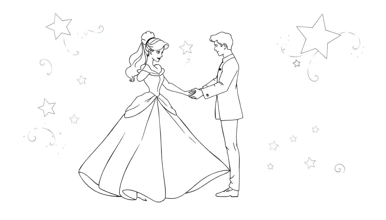 A black and white color panel drawing of Cinderella and Prince Charming holding hands amidst stars and swirls.