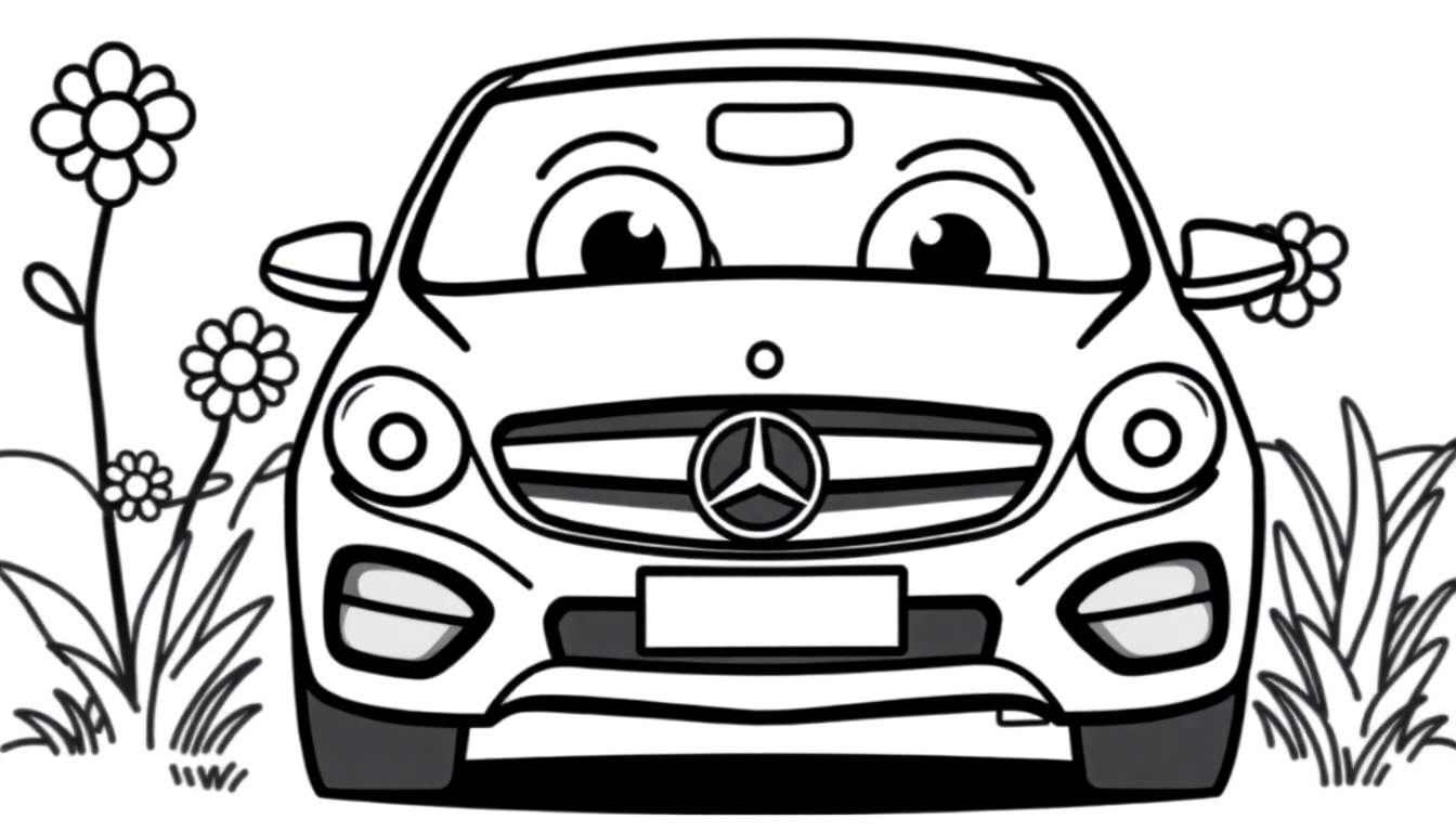 A cute black and white cartoon car with big friendly eyes and a smiling grill, surrounded by simple flowers and grass. This color panel shows a playful drawing.