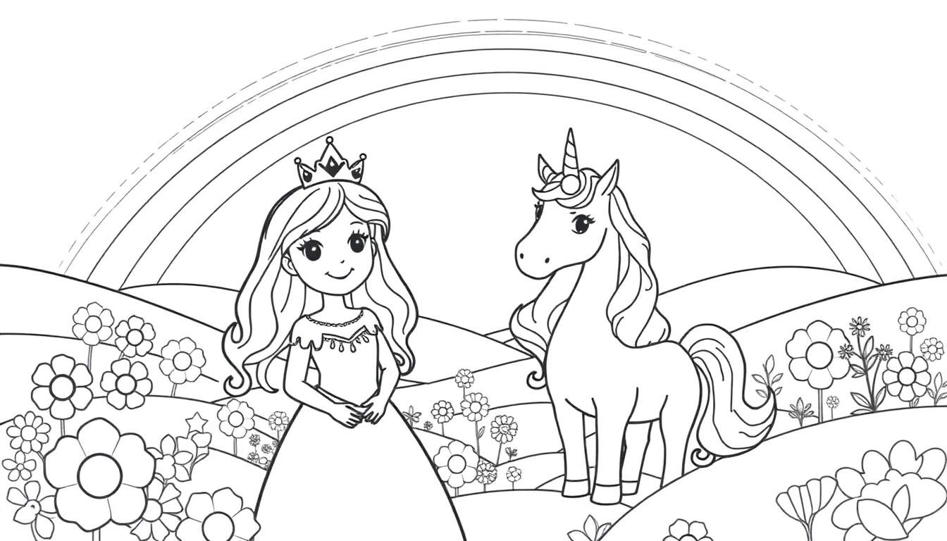 A smiling princess and a unicorn in a garden under a rainbow, a perfect color panel for kids.