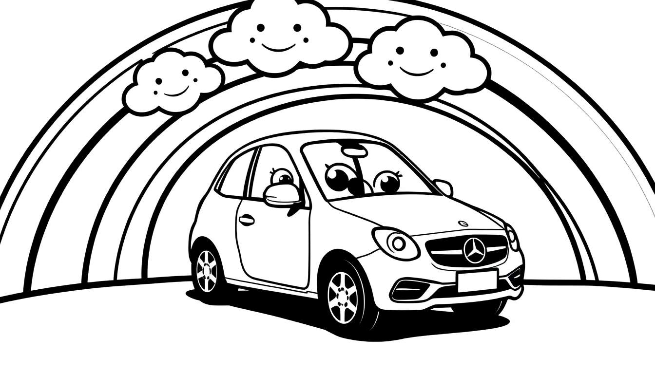 A cute black and white cartoon car with big eyes driving under a rainbow color panel with smiling clouds.