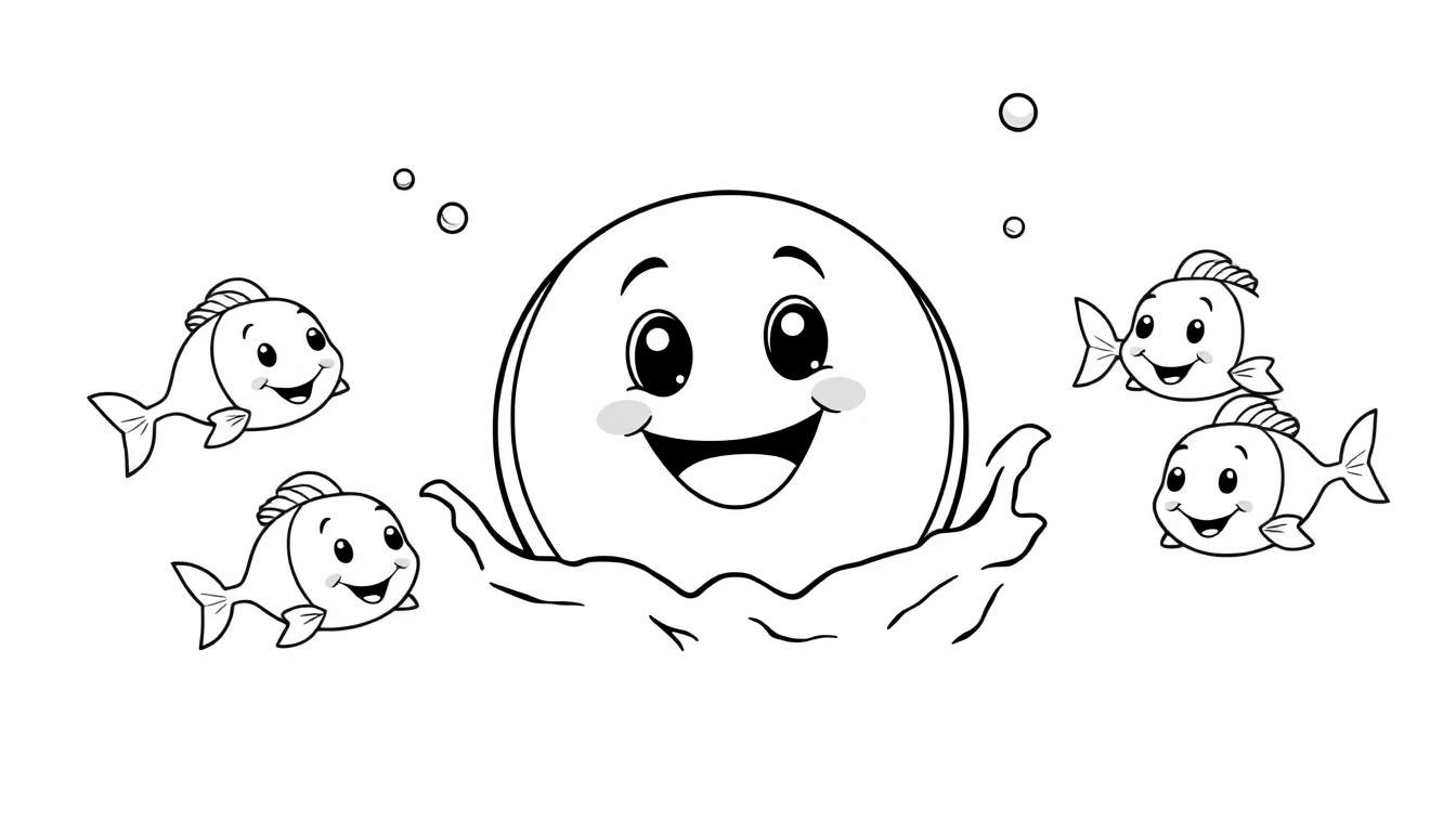 A happy, round water polo ball character with eyes and a smile, swimming in a color panel, with happy fish friends.