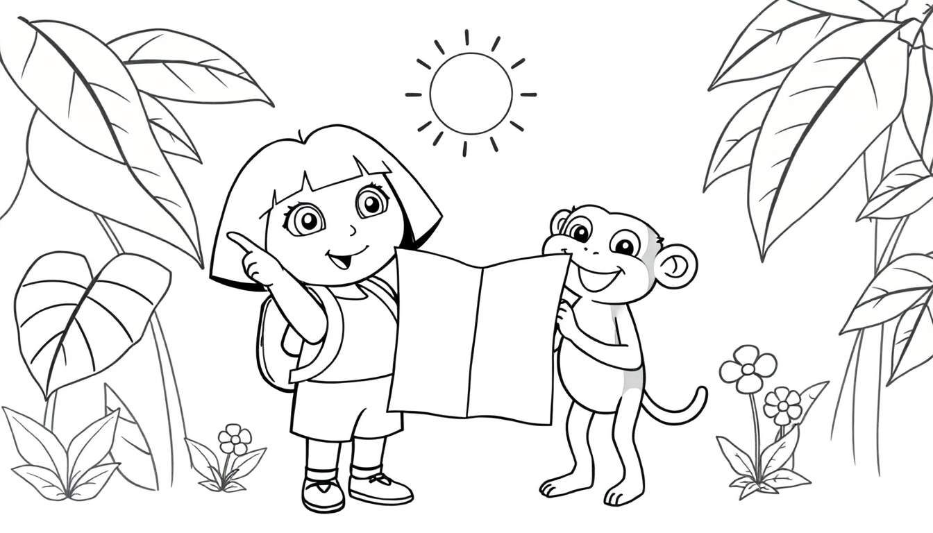 Dora the Explorer and Boots, smiling and holding a map, ready for an adventure in a colorful jungle. Sunny day! This is a black and white illustration, like a color panel.