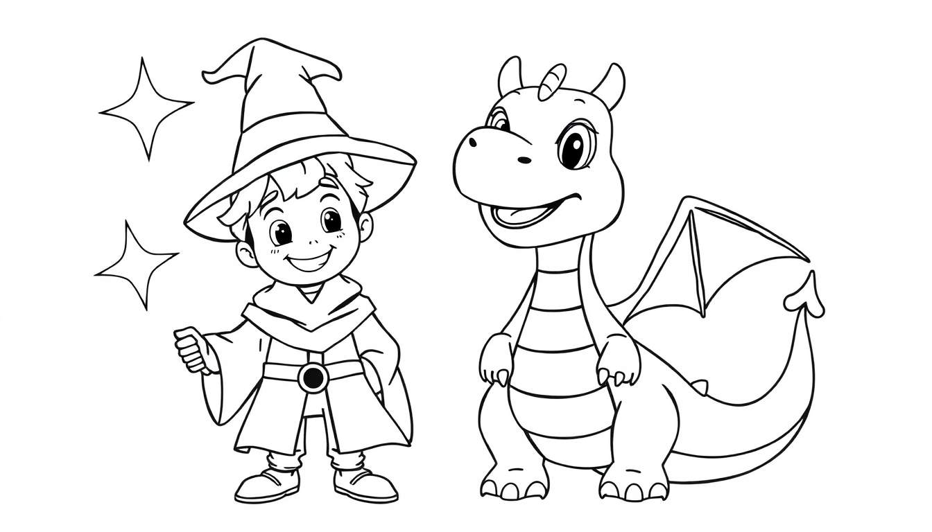 A young wizard and a friendly dragon in a black and white color panel.