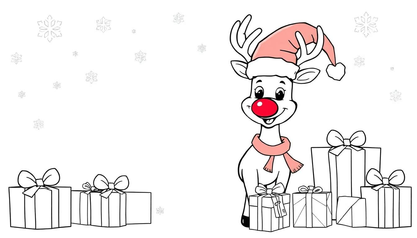 A cute cartoon reindeer with a red nose and a Santa hat, surrounded by presents and snowflakes, a festive color panel.