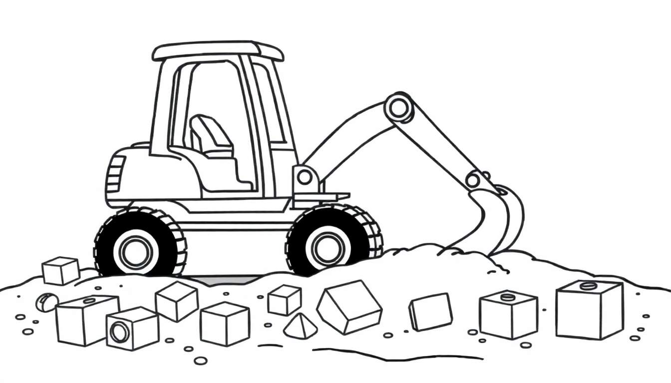 A happy yellow toy excavator digging in a colorful sandbox, a bright color panel in action.