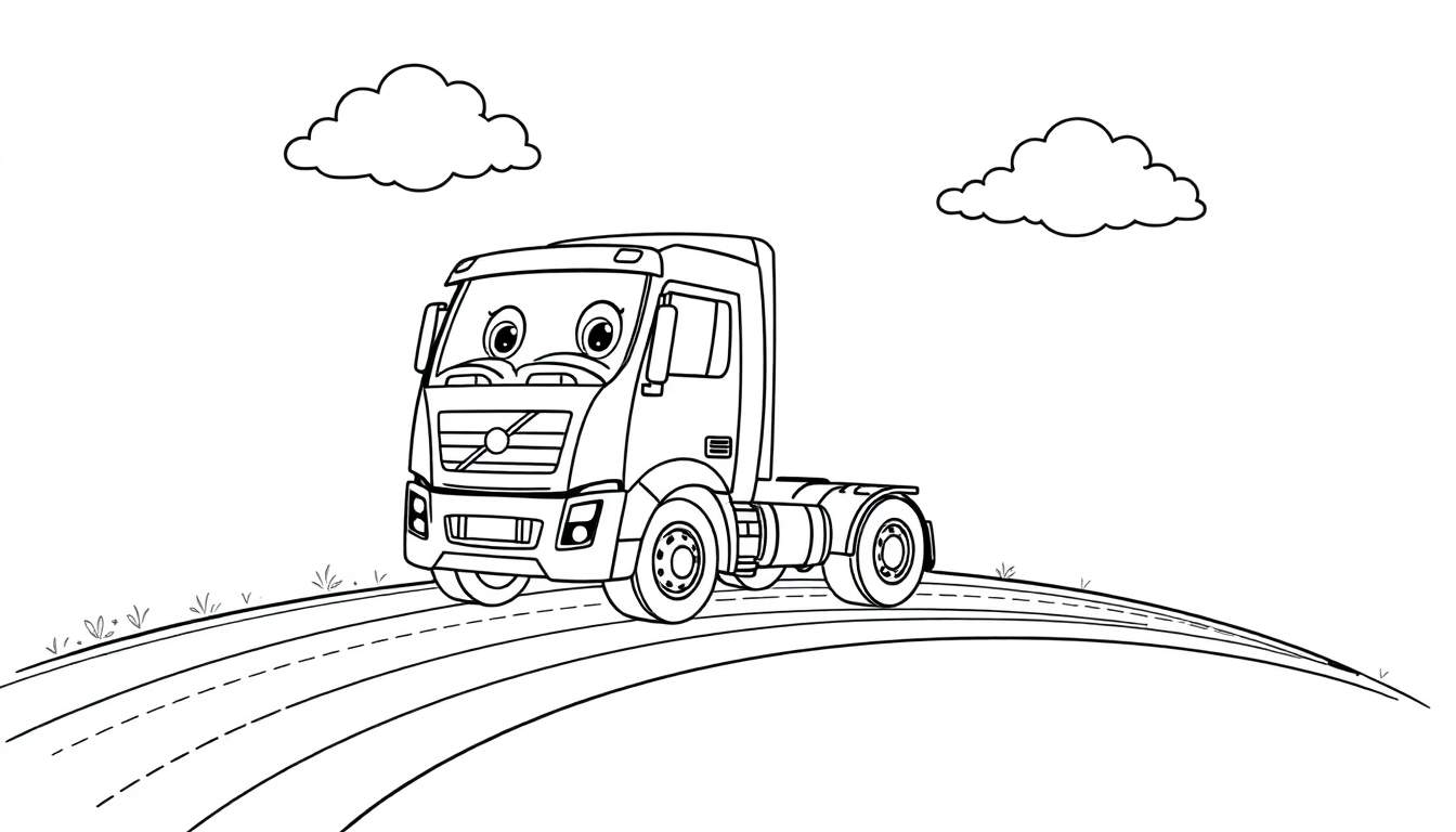 A black and white cartoon semi-truck with a friendly face on a winding road, part of a fun color panel.