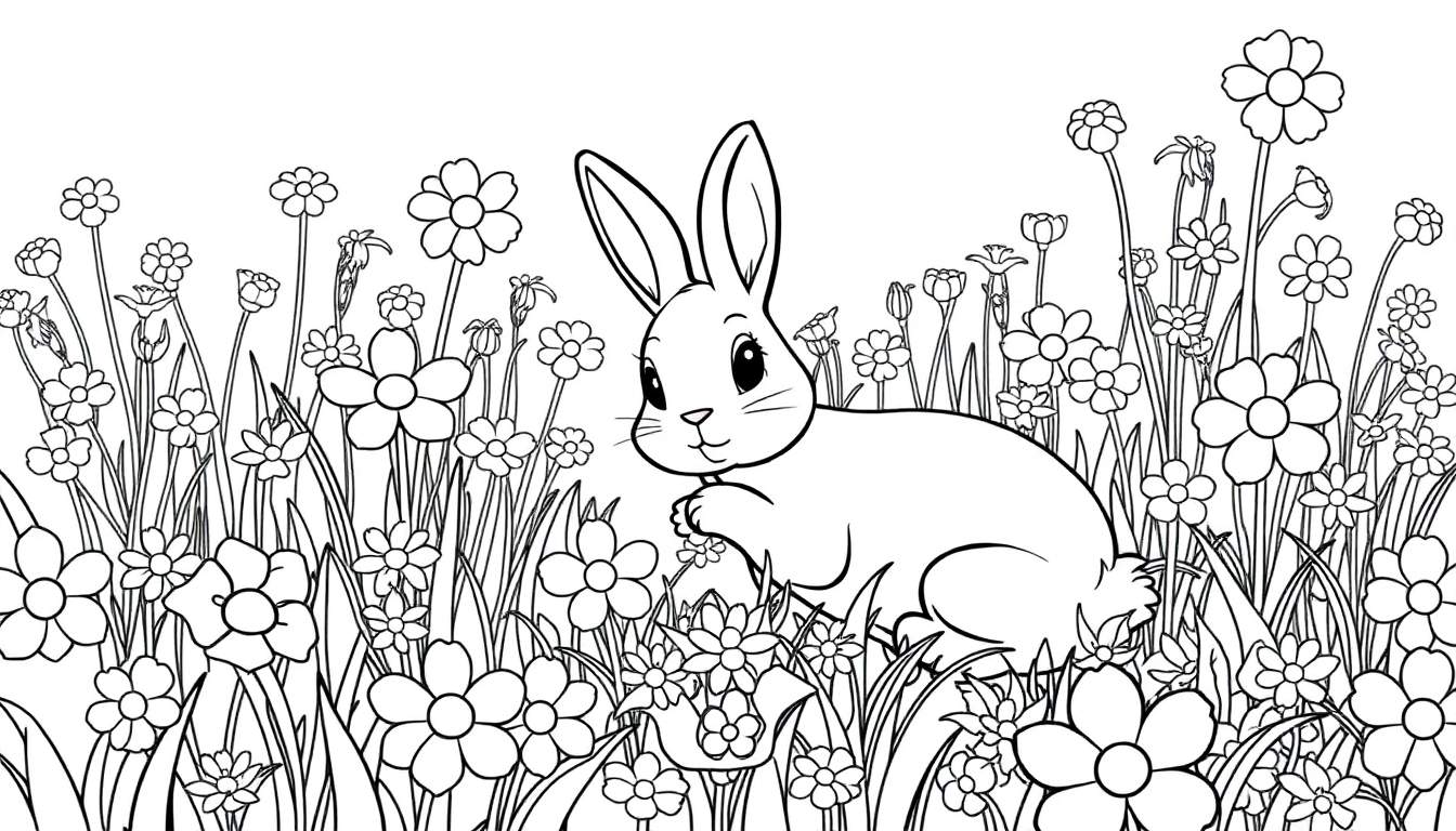 A black and white cartoon color panel of a cute bunny sitting in a field of flowers.
