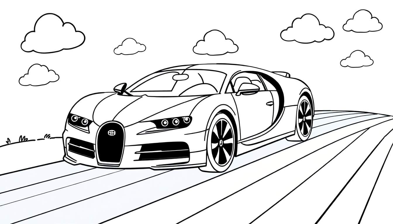 A black and white drawing of a sports car driving on a road with clouds and foliage, a color panel.