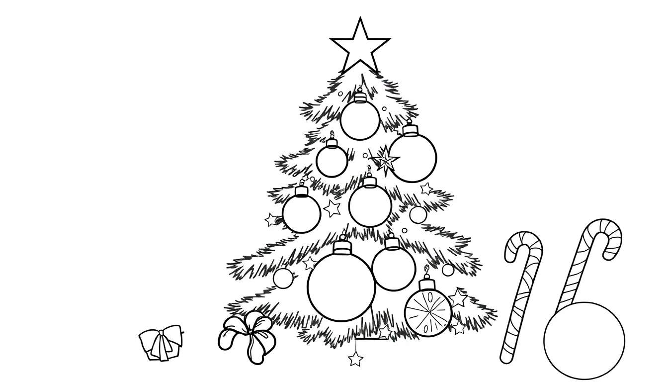 A black and white line drawing of a decorated Christmas tree, candy canes, and bows, a whimsical color panel of holiday cheer.
