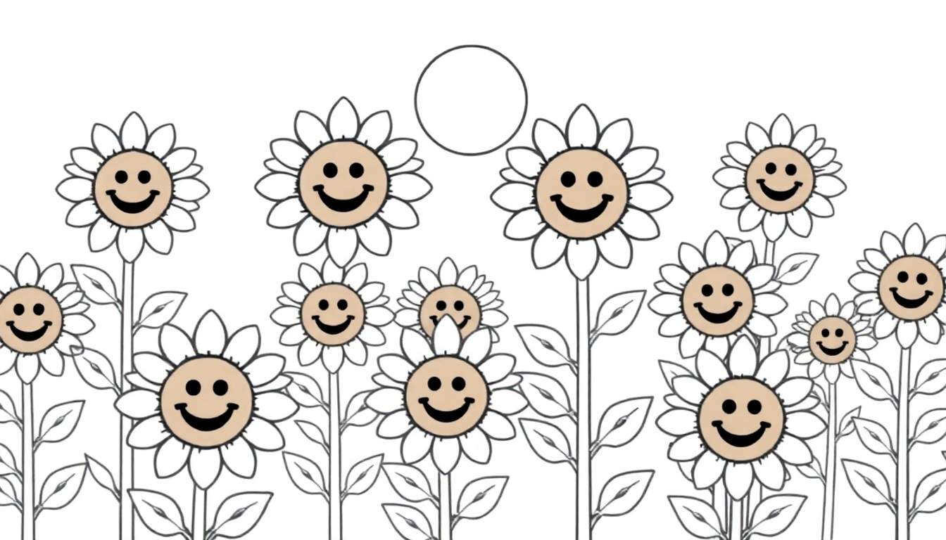 A color panel of smiling sunflowers with white petals and black outlines, reaching towards a blank white circle representing the sun against a white background.