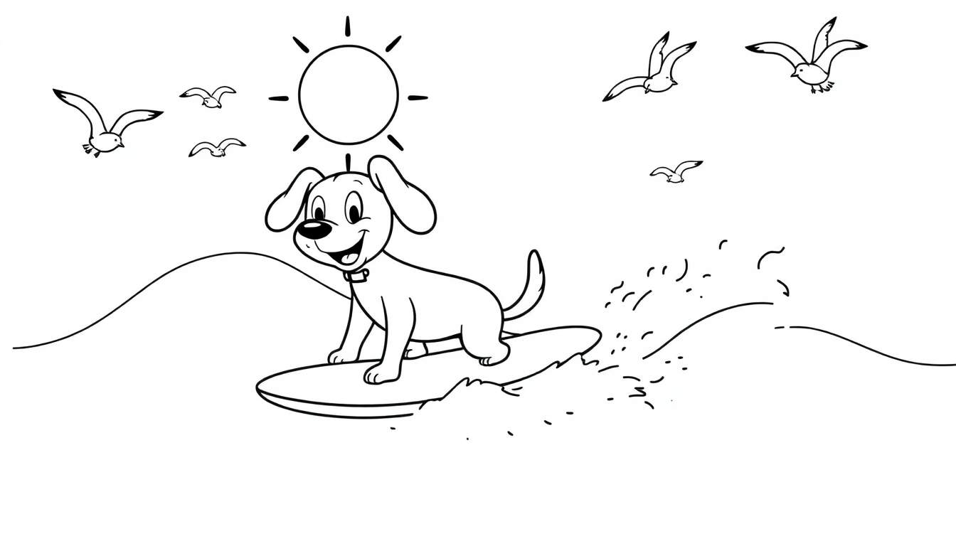 A black and white drawing of a happy cartoon dog surfing a wave, with seagulls and a sun in the sky, a black and white color panel.