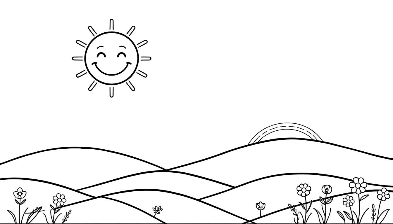 A happy sun smiles over rolling hills with a rainbow and flowers, a cheerful color panel.
