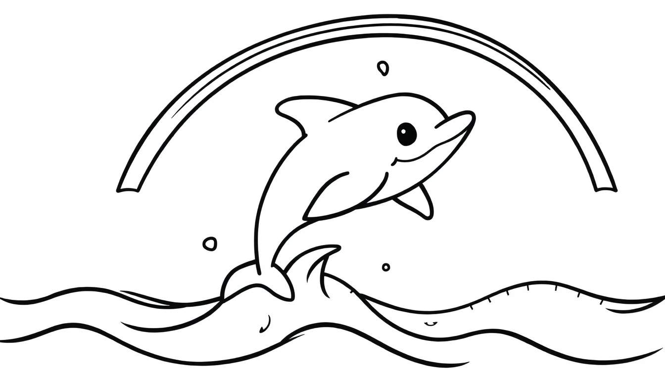 A happy dolphin jumping through a rainbow arch over waves, a fun color panel for kids.