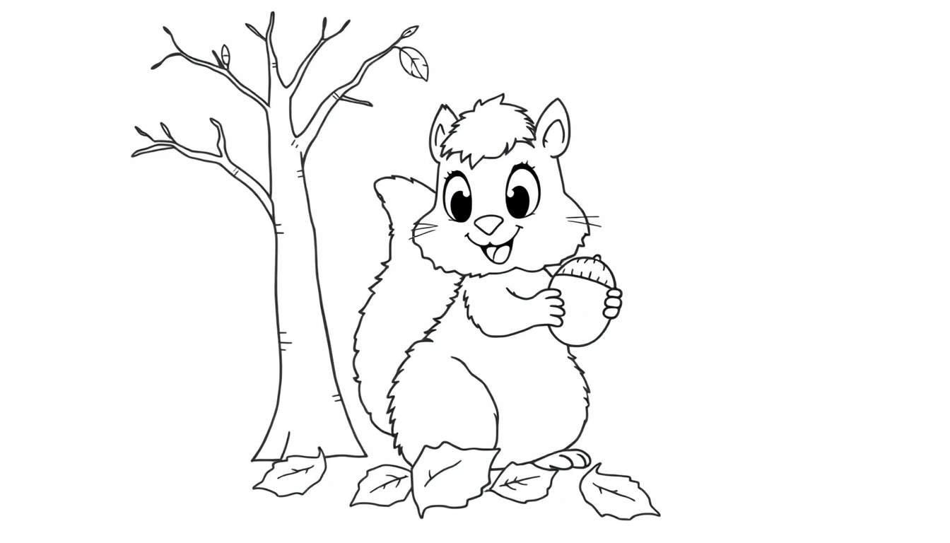 A cute black and white squirrel holding an acorn, with a bare tree and fallen leaves, in a color panel style.