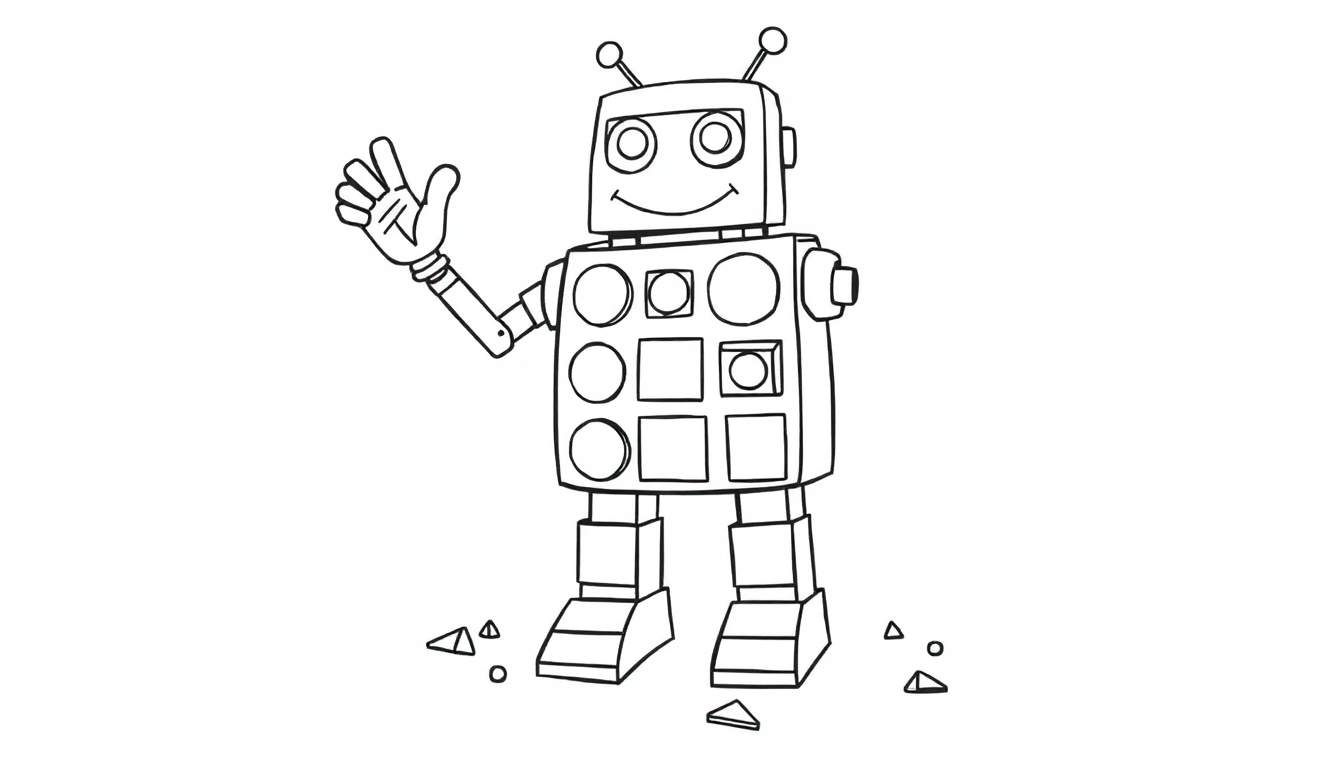 A friendly robot made of colorful geometric shapes, waving hello! So many circles, squares, and triangles! This color panel features a happy robot.