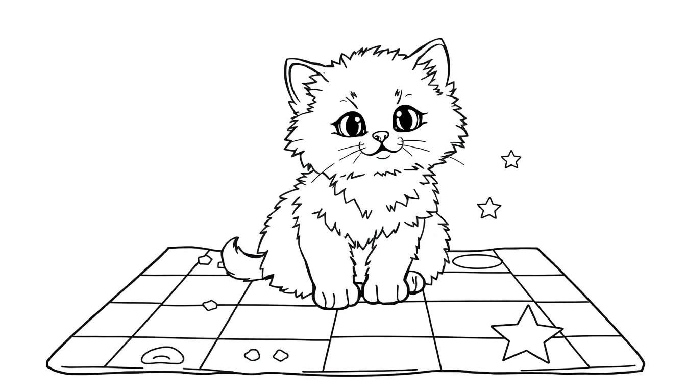A fluffy kitten sitting on a game board color panel.