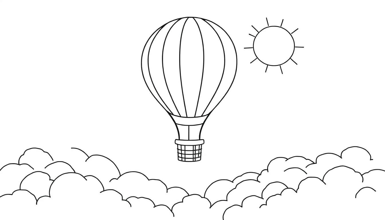 A black and white hot air balloon color panel floating over clouds.