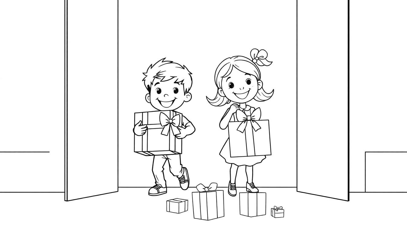 Cartoon children with gift boxes in a color panel.