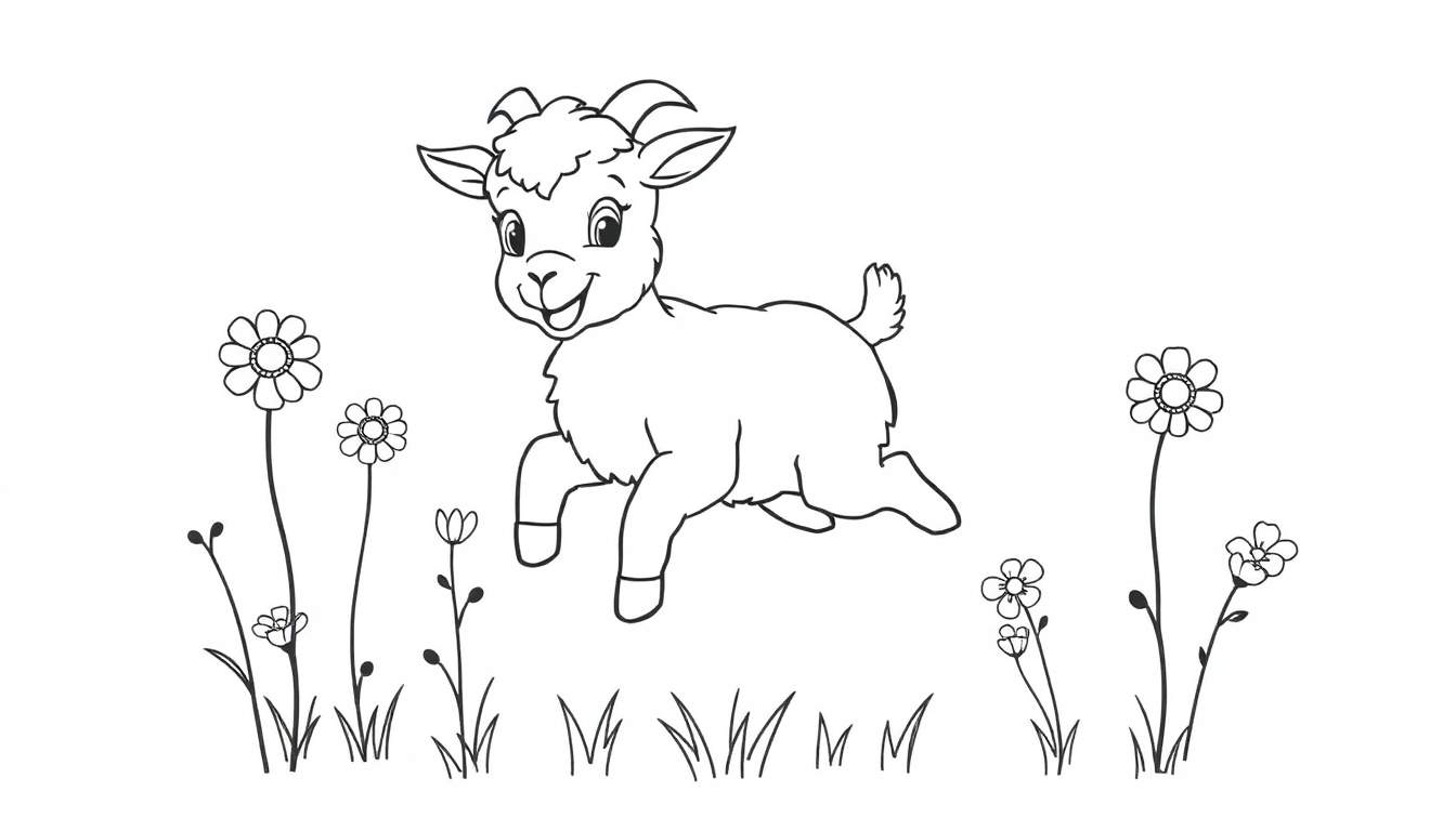 A cute cartoon goat leaping happily in a field of flowers, a coloring panel.