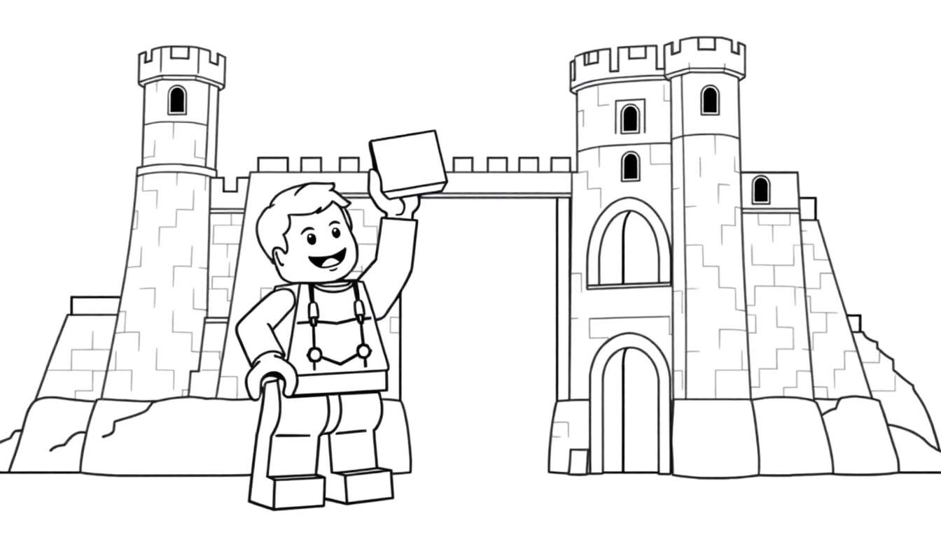 A smiling Lego person holding a brick in front of a black and white Lego castle, part of a color panel.