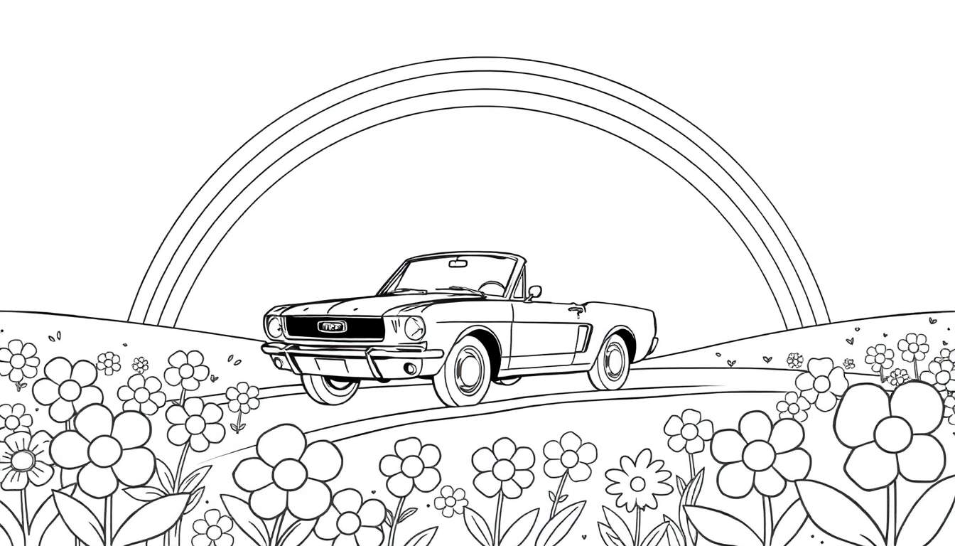 A black and white color panel of a cute Ford Mustang driving under a rainbow, surrounded by flowers.