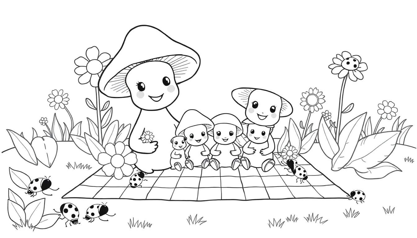 A black and white color panel drawing of a mushroom family having a picnic, with ladybugs and flowers.