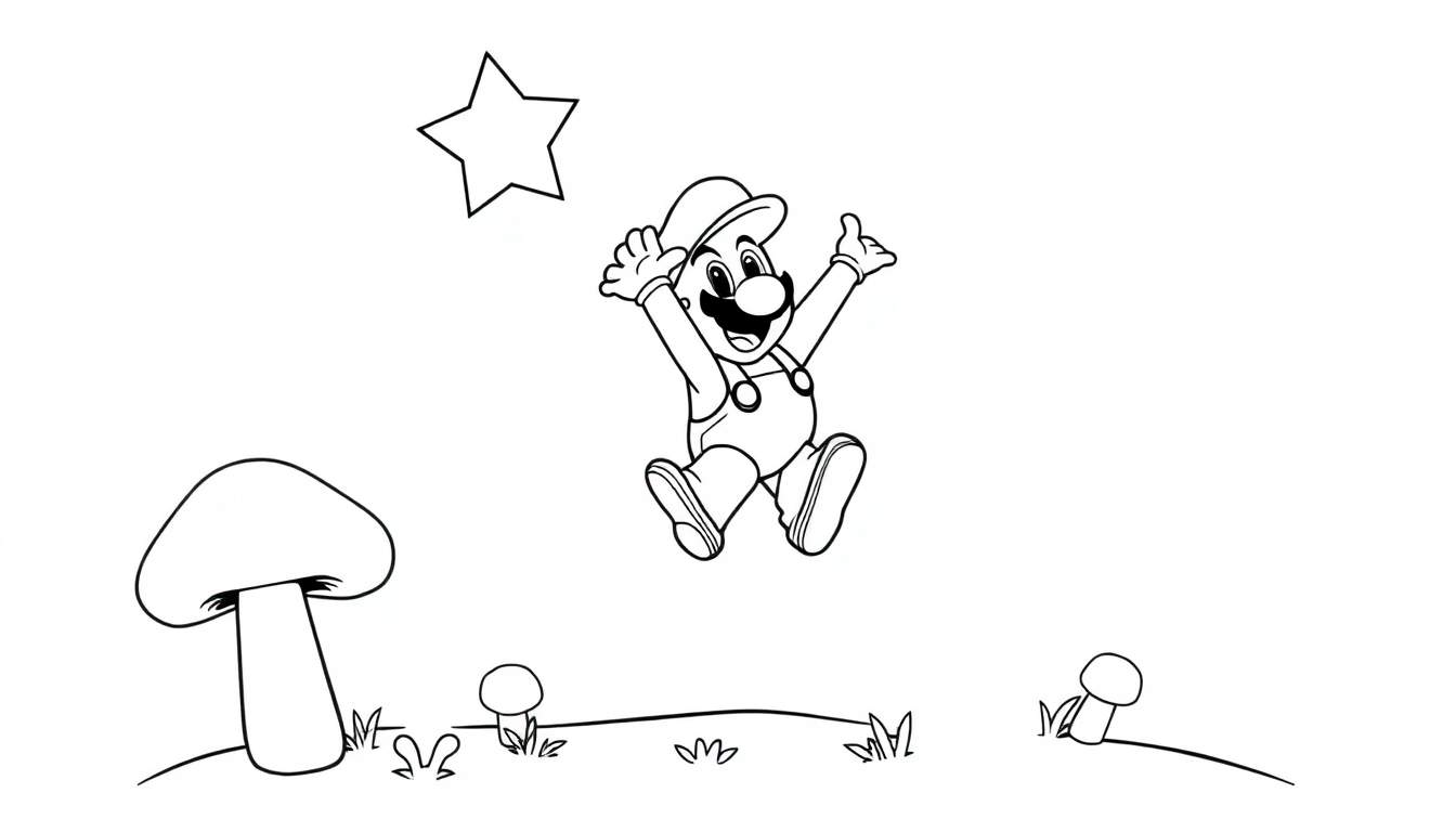 Mario jumping in a black and white color panel, ready for coloring.